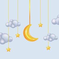 3d söt gyllene måne halvmåne leksak med moln och hängande stjärna affisch baby shower koncept för söt dröm vaggvisa vektor