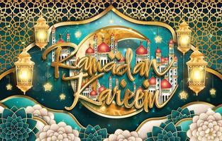 ramadan kareem koncept med typografi och moské vektor