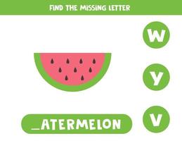 hitta saknad bokstav med färsk vattenmelonskiva. stavning arbetsblad. vektor