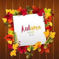 Papierdesign mit Herbstlaub und Eicheln auf Holz background.vector