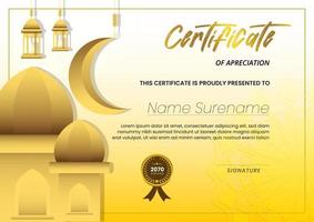 zertifikat mit moscheehintergrund und gelbgoldfarbe geeignet für ramadan-konzeptvorlage vektor