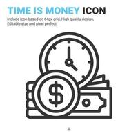 tid är pengar ikon vektor med dispositionsstil isolerad på vit bakgrund. vektor illustration tidstecken symbol ikon koncept för digitala affärer, finans, industri, företag, appar, webb och alla projekt