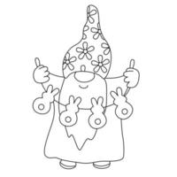 påsk rolig tomte med krans. doodle handritad illustration svart kontur. perfekt för gratulationskort, målarböcker. vektor