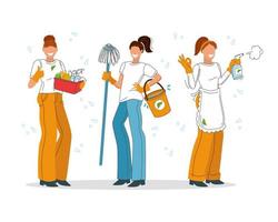 weibliche Angestellte einer Reinigungsfirma auf weißem Hintergrund. Haushälterinnen. Vektor-Illustration. vektor