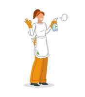 Arbeiterin mit einer Geste mit den Fingern ok und einem Reinigungswerkzeug auf weißem Hintergrund. Werbung einer Reinigungsfirma. Vektor-Illustration. vektor