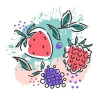 Beeren Himbeeren, Brombeeren, Erdbeeren auf einem abstrakten Hintergrund. Verpackungsdesign. Vektor-Hand-Illustration.