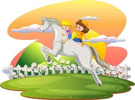 eine Szene, in der ein Mädchen und eine Freundin auf einem Pferd reiten vektor