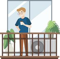 Balkongartenwohnung mit Mann, der Kaffee auf weißem Hintergrund hält vektor