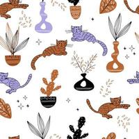 seamless mönster med söta katter och blommor och kaktusar i krukor. vektor. vektor