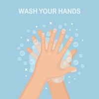 Händewaschen mit Seifenschaum, Peeling, Gelblasen. persönliche hygiene, tägliches routinekonzept. sauberer Körper. Vektor-Cartoon-Design vektor