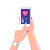 mänsklig hand håller mobiltelefon med rött hjärta, hjärtslag linje, kardiogram på skärmen. ring läkare, ambulans. smartphone isolerad på vit bakgrund. vektor platt design