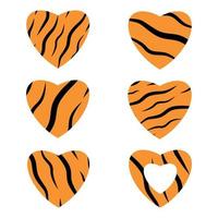 uppsättning abstrakta olika hjärtan med tigermönster. djurskinn. kärlekssymbol. klistermärken, tryck för t-shirtdesign. vektor illustration.