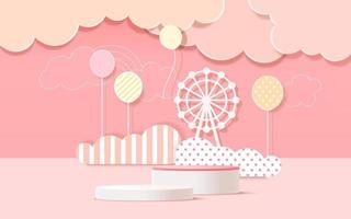 3D-Produktpodium, pastellfarbener Hintergrund, Wolken, Wetter mit leerem Raum für Kinder oder Babyprodukte. vektor