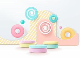 3D-Rendering-Podium im Kinderstil mit buntem pastellfarbenem Hintergrund mit Platz für Kinder oder Babyprodukte vektor