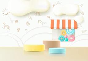 3D-Rendering-Podium im Kinderstil mit buntem pastellfarbenem Hintergrund mit Platz für Kinder oder Babyprodukte vektor