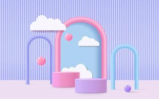 3D-Rendering-Podium im Kinderstil mit buntem pastellfarbenem Hintergrund, Wolken und Wetter mit leerem Raum für Kinder oder Babyprodukte vektor