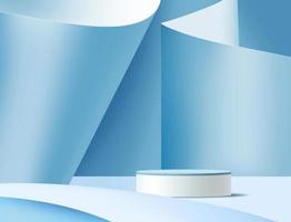 abstraktes 3D-Podium mit weißem Zylindersockel und beiger geometrischer Würfelplattform. hellblaue minimale wandszene mit beleuchtung. modernes Vektor-Rendering für die Präsentation kosmetischer Produkte.