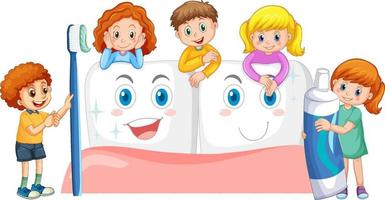 barn som håller tandkräm och tandborste med bleka tänder på vit bakgrund vektor
