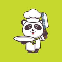 süße Panda-Chef-Maskottchen-Zeichentrickfigur mit Messer und Teller vektor