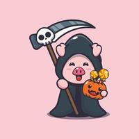 söt gris som bär grim reaper-dräkt som håller lie och halloweenpumpa vektor