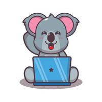 niedlicher koala mit laptop-cartoon-vektorillustration vektor