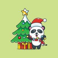 niedliche panda-zeichentrickfigur mit weihnachtslampe vektor
