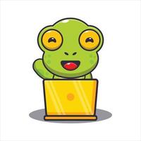 niedlicher frosch mit laptop-cartoon-vektorillustration vektor