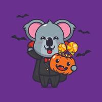 söt koala bär vampyr kostym håller halloween pumpa vektor