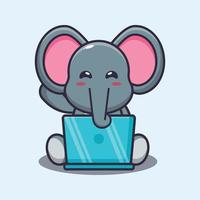 süßer elefant mit laptop-cartoon-vektorillustration vektor