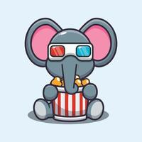 süßer elefant, der popcorn isst und sich einen 3d-film ansieht vektor