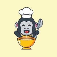söt gorilla kock maskot seriefigur med soppa vektor