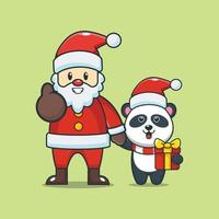 söt panda seriefigur med jultomten vektor