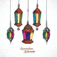 schöner dekorativer islamischer ramadan kareem festivalgruß mit lampenkartendesign vektor