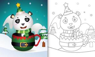 Malbuch mit niedlichen Panda-Weihnachtsfiguren mit Mütze und Schal in der Elfentasse vektor