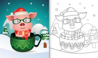 målarbok med en söt gris julfigurer med en tomtehatt och halsduk i koppen vektor