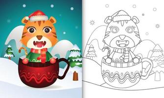 malbuch mit einem süßen tiger weihnachtsfiguren mit weihnachtsmütze und schal in der tasse vektor