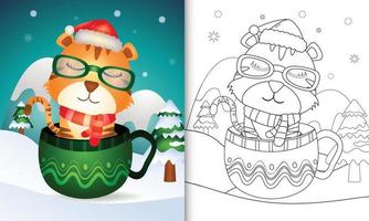målarbok med en söt tiger jul karaktärer med en tomte hatt och halsduk i koppen vektor