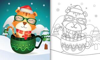 malbuch mit einem süßen tiger weihnachtsfiguren mit weihnachtsmütze und schal in der tasse vektor