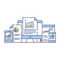 Diagramme mit Lupe, die ein flaches Illustrationsdesign der Inhaltsanalyse bezeichnen vektor