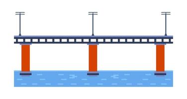 Brücke-Vektor-Illustration. stadtarchitekturelement mit kabeln, autobahn und brückenkonstruktion über den fluss mit isolierter fahrbahn und laternen auf farbenfroher landschaft vektor