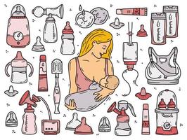 Geräte zum Stillen mit Milch oder Säuglingsnahrung, Vektorrosa-Symbole mit einer Frau und einem Baby. Milchflaschen, Sterilisator, Beutel und einen BH während des Stillens. Cartoon-Stil-Illustration vektor