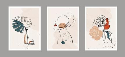 moderne abstrakte Linie minimalistische Frauengesichter, Blumen, Blätter und Kunsthintergrund mit verschiedenen Formen für Wanddekoration, Postkarten- oder Broschüren-Cover-Design. Vektordesign vektor
