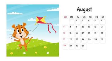 horisontell skrivbordskalendersidmall för augusti 2022 med en tecknad tigersymbol för det kinesiska året. veckan börjar på söndag. tiger lanserar en drake vektor