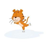 Tiger läuft auf der Eisbahn Schlittschuh. süße Zeichentrickfigur. der tiger ist das symbol des jahres 2022. vektorillustration für kinder. isoliert auf weißem Hintergrund vektor