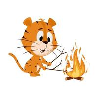 Tiger röstet Marshmallows auf einem Holzfeuer. süße Zeichentrickfigur. der tiger ist das symbol des jahres 2022. vektorillustration für kinder. getrennt auf einem weißen Hintergrund vektor