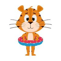 weba Tiger steht mit einem aufblasbaren Rettungsring. süße Zeichentrickfigur. der tiger ist das symbol des jahres 2022. vektorillustration für kinder. isoliert auf weißem Hintergrund vektor