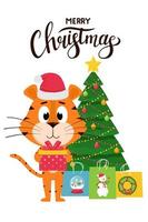 jul gratulationskort. en söt tecknad tiger i en hatt håller en presentask på bakgrunden av en julgran och presentpåsar. tigern är en symbol för det kinesiska nyåret. färg vektor illustration.