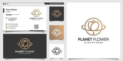 planet logotyp med skönhet lyx blomma linjekonst stil och visitkort designmall premium vektor
