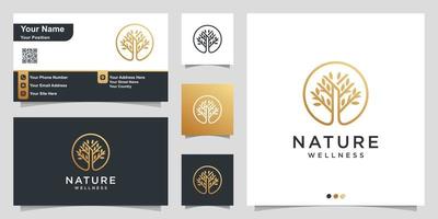 Naturlogo mit einfachem goldenem Baumkonzept und Premium-Vektor des Visitenkartendesigns vektor