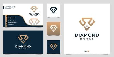 diamant logotyp med disposition hus koncept och visitkort design premium vektor